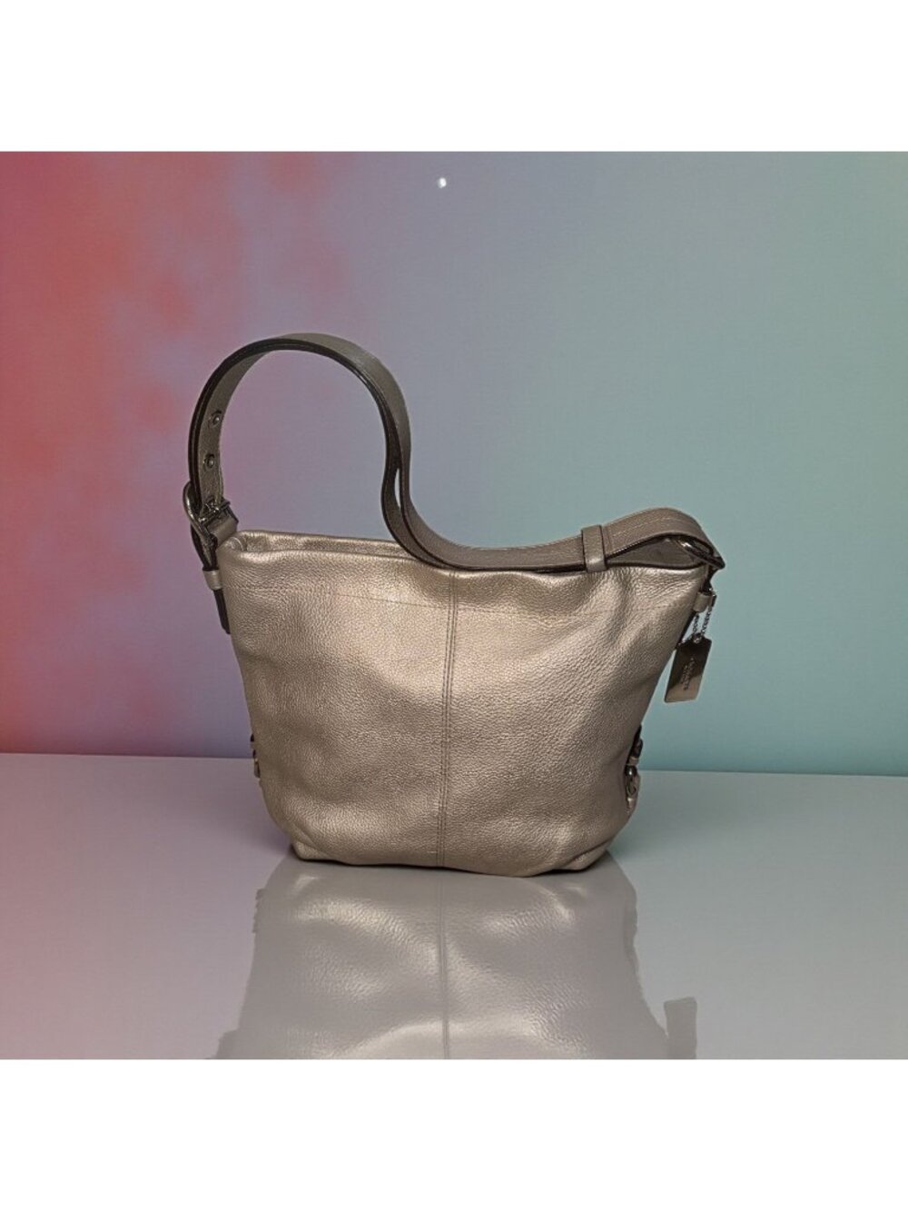 Coach Soho Duffle Convertible Bag F15064 Metallic Silver Pebbled Leather Hobo